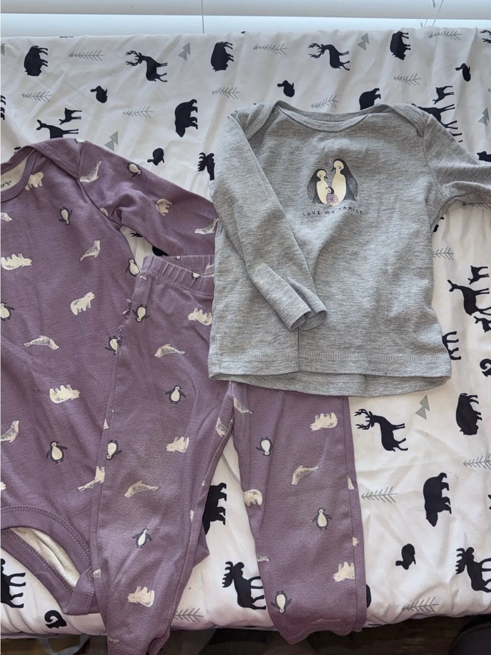 Purple Penguin Print Baby Pajama Set with Grey Penguin Top